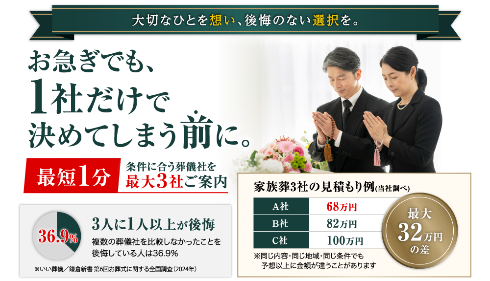 お急ぎでも、1社だけで決めてしまう前に。最短1分。条件に合う葬儀社を最大3社ご案内